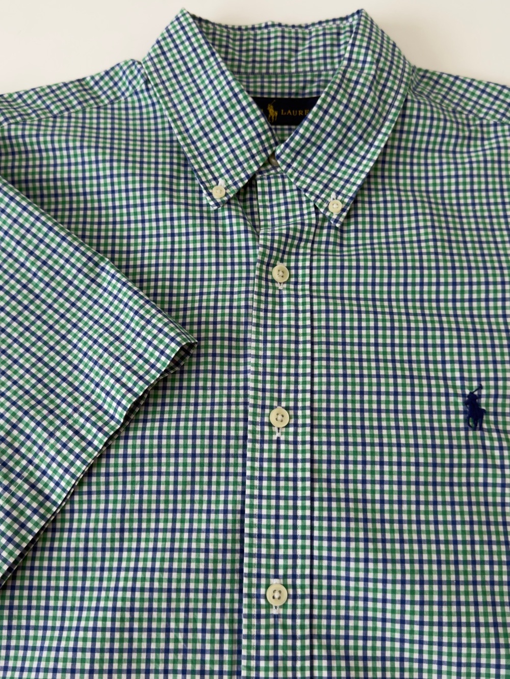 Polo Ralph Lauren Blue White Green Gingham Oxford SS Button Down Shirt Size L